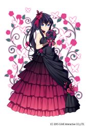 Rule 34 | 1girl, bare shoulders, black choker, black dress, blue eyes, bouquet, brown gloves, butterfly hair ornament, choker, dress, flower, frilled dress, frills, full body, gloves, gothic wa mahou otome, hair between eyes, hair ornament, hair ribbon, hands up, highres, holding, holding flower, jenevan, long dress, long hair, looking at viewer, official art, purple flower, purple hair, red dress, red flower, ribbon, rose, solo, standing, veil, watermark
