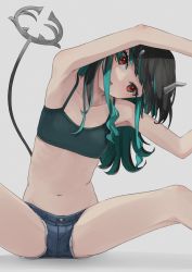 Rule 34 | 1girl, nanashi inc., :o, alternate costume, armpits, atsushima, black hair, blue hair, blue shorts, blush, commentary request, demon girl, demon horns, demon tail, fang, feet out of frame, flat chest, grey background, grey sports bra, head tilt, highres, horns, long hair, looking at viewer, midriff, multicolored hair, navel, open mouth, pointy ears, red eyes, shishio chris, short shorts, shorts, simple background, sitting, solo, sports bra, spread legs, stretching, sugar lyric, tail, two-tone hair, virtual youtuber