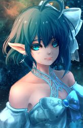 Rule 34 | 1girl, ahoge, bare shoulders, blue eyes, blue hair, breasts, bride, commentary request, crescent, crescent hair ornament, elf, hair ornament, kom (water0371), looking at viewer, pointy ears, rena lanford, short hair, small breasts, solo, star ocean, star ocean the second story, upper body