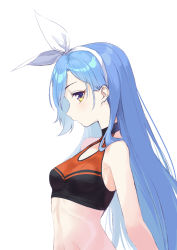 Rule 34 | 1girl, arms at sides, bare shoulders, blue eyes, blue hair, borrowed character, bow, breasts, breasts apart, choker, closed mouth, clothing cutout, coffeekite, expressionless, from side, hair bow, halterneck, highres, linea alba, long hair, looking at viewer, midriff, bae minah (chaesu), multicolored eyes, orange eyes, original, profile, sideways glance, small breasts, solo, sports bra, swept bangs, two-tone sports bra, upper body, very long hair
