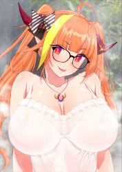 Rule 34 | 1girl, ahoge, bare shoulders, black-framed eyewear, blonde hair, blunt bangs, blush, bow, breasts, camisole, collarbone, covered erect nipples, dragon girl, dragon horns, glasses, hair intakes, head tilt, highres, hokke (fryinghokke), hololive, horn bow, horn ornament, horns, huge breasts, jewelry, kiryu coco, long hair, looking at viewer, multicolored hair, necklace, nipples, onsen, open mouth, orange hair, pointy ears, red eyes, see-through, shiny skin, smile, solo, steam, streaked hair, twintails, very long hair, virtual youtuber, wet, wet clothes, white camisole