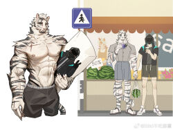 Rule 34 | 3boys, abs, alternate costume, animal ears, arknights, artist request, bag, bara, body pillow, carrying, carrying under arm, collage, cup, dakimakura (object), disposable cup, doctor (arknights), expressionless, facial hair, food, fruit, furry, furry male, furry with non-furry, goatee, highres, holding hands, hung (arknights), interspecies, large hands, large pectorals, looking at viewer, male doctor (arknights), male focus, mountain (arknights), multiple boys, muscular, muscular male, nipples, pectorals, pillow, scar, scar across eye, scar on arm, shopping bag, short hair, shorts, stomach, thick eyebrows, tiger boy, tiger ears, topless male, veins, veiny arms, watermelon, white hair, yaoi