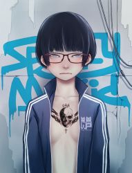 Rule 34 | 1girl, absurdres, bags under eyes, black hair, blue eyes, blue jacket, blunt bangs, breasts, chest tattoo, closed mouth, cross, female focus, glasses, graffiti, highres, jacket, looking at viewer, open clothes, open jacket, original, shibata ico, short hair, skull tattoo, small breasts, solo, tattoo, track jacket, upper body, zipper