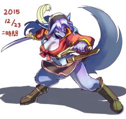 Rule 34 | 1girl, boots, breasts, female focus, full body, furry, furry female, hat, long hair, ni jikan, open mouth, pirate, purple hair, skirt, solo, sword, weapon, white background, wolf