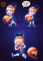 Rule 34 | 1girl, child, closed mouth, crying, english text, flat chest, full body, highres, open mouth, orange hair, original, overall shorts, overalls, pluto-chan, pluto (disney), pluto (planet), purple eyes, sad, shadman, shirt, shoes, socks, solo, space, speech bubble, striped clothes, striped shirt, tears, text focus