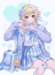 Rule 34 | 1girl, absurdres, aether (genshin impact), ahoge, alternate costume, bag, bandaid, bandaid on knee, bandaid on leg, black eyes, blonde hair, blue background, blue bow, blue bowtie, blue jacket, blue nails, blue skirt, blush, bow, bowtie, braid, brown footwear, brown pants, brown vest, buttons, closed mouth, collared shirt, commentary request, crescent, crescent pin, diamond (shape), feather hair ornament, feathers, feet out of frame, fingernails, flower, genshin impact, hair between eyes, hair flower, hair ornament, hairpin, hands up, heart, heart hands, heart print, highres, jacket, jewelry, charm (object), long hair, long sleeves, looking at viewer, lumine (genshin impact), nail polish, natsukko 0606, no mouth, open clothes, open jacket, pants, plaid, plaid bow, plaid bowtie, plaid pants, plaid skirt, puffy long sleeves, puffy sleeves, ring, sailor collar, shirt, shoes, short hair, short hair with long locks, short sleeves, sidelocks, sitting, skirt, smile, socks, solo, sparkle, vest, white background, white bag, white flower, white shirt, white socks, wings, yellow eyes