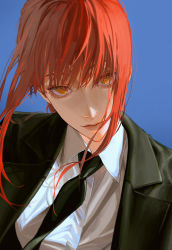 Rule 34 | 1girl, absurdres, black necktie, black suit, blue background, chainsaw man, coat, collared shirt, formal, highres, iamthekingofegg, long hair, looking at viewer, makima (chainsaw man), necktie, red hair, ringed eyes, shirt, sidelocks, simple background, sinister, smile, solo, suit, yellow eyes