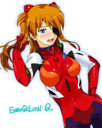 Rule 34 | 1girl, alternate breast size, blue eyes, bodysuit, breasts, commentary request, evangelion: 3.0 you can (not) redo, eyepatch, gloves, hair ornament, hand on own hip, ivuki, long hair, looking at viewer, neon genesis evangelion, open mouth, orange hair, pilot suit, plugsuit, rebuild of evangelion, red bodysuit, simple background, solo, souryuu asuka langley, white background