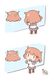 Rule 34 | 1girl, blush, brown hair, chibi, commentary request, hair flaps, hair ornament, hairclip, hanomido, ikazuchi (kancolle), kantai collection, long sleeves, looking at another, looking at viewer, octopus, open mouth, school uniform, serafuku, short hair, simple background, umbrella octopus, white background