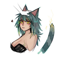 Rule 34 | 1girl, :3, animal ears, bad id, bad tumblr id, blush, breasts, cat ears, cleavage, facial mark, green hair, headpat, heart, highres, large breasts, looking at viewer, matilda fiship, original, simple background, slit pupils, smile, solo focus, tail, whisker markings, white background, yellow eyes