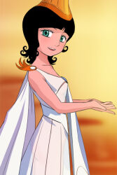 Rule 34 | 1girl, character request, copyright request, dress, haruyama kazunori, looking at viewer, open mouth, retro artstyle, short hair, smile, solo