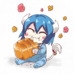 1girl :i aged_down animal_print baby bell bib blue_hair blush_stickers bread closed_eyes closed_mouth commentary cow_girl cow_horns cow_print cow_tail crumbs eating flower_(symbol) food food_bite full_body hair_between_eyes highres holding holding_food horns jashin-chan_dropkick jingle_bell loaf_of_bread minos_(jashin-chan_dropkick) onesie short_hair simple_background sitting smile solo tail tail_bell tail_ornament white_background white_horns yuuki_shushu