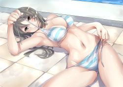 Rule 34 | 1girl, artist name, bikini, blue bikini, breasts, brown eyes, brown hair, closed mouth, commentary, girls und panzer, groin, highres, kakimoto nao, long hair, looking at viewer, lying, medium breasts, mika (girls und panzer), navel, no headwear, on back, side-tie bikini bottom, signature, smile, solo, striped bikini, striped clothes, swimsuit, thighs, tile floor, tiles, untied bikini, untying