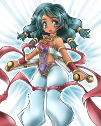 Rule 34 | 1041 (toshikazu), 1girl, :d, dual wielding, green eyes, green hair, holding, looking at viewer, matching hair/eyes, open mouth, smile, solo, soul calibur, soulcalibur iii, talim, tonfa, weapon