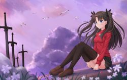 Rule 34 | 1girl, bird, black thighhighs, blue eyes, blush, breasts, brown hair, cloud, fate/kaleid liner prisma illya, fate/stay night, fate/zero, fate (series), flower, grass, hair ribbon, highres, kazenokaze, loafers, long hair, long legs, long sleeves, pleated skirt, ribbon, shirt, shoes, sitting, skirt, sky, small breasts, solo, sparkle, sword, thighhighs, thighs, tohsaka rin, two side up, weapon