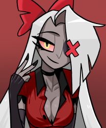Rule 34 | 1girl, absurdres, black nails, bow, colored sclera, colored skin, elbow gloves, eyepatch, fingerless gloves, gloves, gradient background, grey hair, grey skin, hair bow, hair over one eye, hazbin hotel, highres, long hair, n k m, open collar, partially unbuttoned, pink sclera, smile, solo, upper body, vaggie, very long hair, yellow eyes