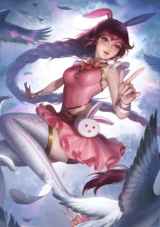 Rule 34 | 1girl, absurdres, animal ears, bird, braid, braided ponytail, brown hair, douluo dalu, dress, falling feathers, feathers, flying, highres, index finger raised, no 86, open mouth, pink dress, pink footwear, rabbit ears, solo, teeth, thighhighs, upper teeth only, xiao wu (douluo dalu)