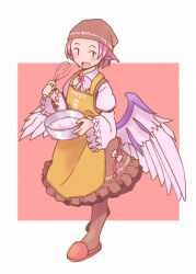 Rule 34 | 1girl, animal ears, apron, bird ears, bird wings, blush, brown dress, brown headwear, brown socks, clothes writing, dress, feathered wings, frilled dress, frilled sleeves, frills, full body, head scarf, holding, kneehighs, long sleeves, mixing bowl, mystia lorelei, open mouth, pink hair, pink wings, rangycrow, red eyes, short hair, sleeve garter, slippers, smile, socks, solo, touhou, whisk, wide sleeves, wings, yellow apron