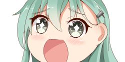 Rule 34 | + +, 10s, 1girl, close-up, green eyes, green hair, hair ornament, hairclip, kantai collection, long hair, looking at viewer, nahaki, no nose, open mouth, portrait, simple background, sin-poi, solo, sparkling eyes, suzuya (kancolle), symbol-shaped pupils, white background