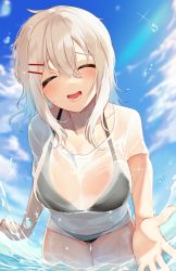 Rule 34 | 1girl, bikini, bikini under clothes, black bikini, breasts, closed eyes, gluteal fold, happy, highres, igayan, large breasts, leaning forward, no pants, open mouth, original, see-through, shirt, short hair, sky, standing, swimsuit, t-shirt, wet, wet clothes, wet shirt, white hair, white shirt