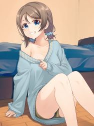 Rule 34 | 1girl, alternate hairstyle, bed, blue eyes, blue scrunchie, blue shirt, collar tug, commentary request, grey hair, grin, highres, long sleeves, looking at viewer, love live!, love live! sunshine!!, nanotsuki, off-shoulder shirt, oversized clothes, oversized shirt, polka dot, polka dot scrunchie, scrunchie, shirt, short shorts, short twintails, shorts, sitting, on floor, smile, solo, sweater, twintails, watanabe you