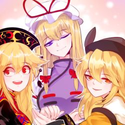 Rule 34 | 3girls, :d, armpits, bare shoulders, blonde hair, bow, chinese clothes, closed mouth, crossed bangs, detached sleeves, hair bow, hair ribbon, hat, hat ribbon, holding hands, junko (touhou), long hair, long sleeves, looking at another, looking at viewer, looking to the side, matara okina, mindoll, mob cap, multiple girls, one eye closed, open mouth, orange eyes, pom pom (clothes), portrait, purple eyes, red bow, red eyes, red ribbon, ribbon, sidelocks, smile, tabard, touhou, wide sleeves, yakumo yukari