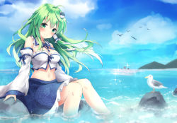 Rule 34 | 1girl, bare legs, bare shoulders, bird, blue skirt, blue sky, blush, breasts, closed mouth, cloud, cloudy sky, commentary request, day, detached collar, detached sleeves, floating hair, frog hair ornament, green eyes, green hair, hair ornament, hair tubes, kochiya sanae, long hair, looking at viewer, medium breasts, midriff, navel, non (nobu), ocean, outdoors, rock, seagull, sitting, skirt, sky, smile, snake hair ornament, soaking feet, solo, summer, torii, touhou, water