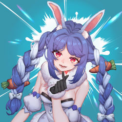 Rule 34 | 1girl, :d, absurdres, animal ear fluff, animal ears, aoaoaoao (baiyanheibing), bare shoulders, black gloves, blue background, blue hair, braid, breasts, carrot hair ornament, chinese commentary, commentary request, detached sleeves, eyelashes, food-themed hair ornament, gloves, hair intakes, hair ornament, hand up, heart, highres, hololive, index finger raised, long hair, multicolored hair, open mouth, puffy short sleeves, puffy sleeves, rabbit ears, rabbit girl, red eyes, scarf, short sleeves, sidelocks, small breasts, smile, solo, strapless, twin braids, twintails, upper body, usada pekora, usada pekora (1st costume), virtual youtuber, white scarf