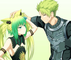 Rule 34 | 1boy, 1girl, absurdres, achilles (fate), animal ears, atalanta (fate), blonde hair, cat ears, closed eyes, fate/apocrypha, fate (series), green eyes, green hair, hand on another&#039;s head, highres, holding, holding weapon, mukade (siieregannsu), multicolored hair, thighhighs, two-tone hair, weapon
