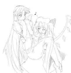 Rule 34 | 2girls, blush, braid, carrying, dress, female focus, flandre scarlet, greyscale, happy, hat, height difference, hong meiling, long hair, monochrome, multiple girls, musical note, nervous, niwatazumi, no headwear, no headwear, princess carry, short hair, side ponytail, smile, surprised arms, touhou, twin braids, very long hair, wings