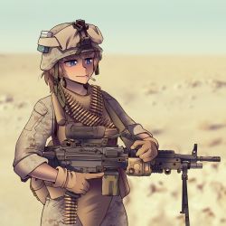 Rule 34 | 1girl, absurdres, bandolier, blue eyes, brown gloves, brown hair, camouflage, camouflage jacket, camouflage pants, closed mouth, desert, desert camouflage, gloves, gun, hat, helmet, highres, holding, holding gun, holding weapon, jacket, light machine gun, m249, machine gun, military, military hat, military uniform, original, pants, ponytail, sleeves rolled up, smoke, smoking, solo, uniform, v-shaped eyebrows, vest, weapon, willy pete