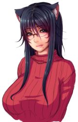 Rule 34 | 1girl, animal ear fluff, animal ears, bad id, bad pixiv id, black hair, blue eyes, breasts, cat ears, glasses, kisaragi yakumo, large breasts, lips, long hair, looking at viewer, mole, mole under mouth, original, ribbed sweater, rimless eyewear, sketch, solo, sweater, upper body, white background