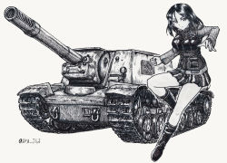 Rule 34 | 1girl, ballpoint pen (medium), boots, closed mouth, commentary request, emblem, frown, girls und panzer, greyscale, highres, jacket, leg up, long hair, long sleeves, looking to the side, military, military uniform, military vehicle, miniskirt, monochrome, motor vehicle, nonna (girls und panzer), nspa (spa-jcs), partial commentary, pleated skirt, pravda (emblem), pravda military uniform, shirt, skirt, solo, standing, standing on one leg, su-152, swept bangs, tank, traditional media, turtleneck, twitter username, uniform, vest