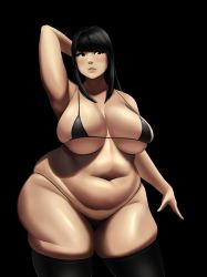 Rule 34 | 1girl, arm up, belly, bikini, black background, black bikini, black eyes, black hair, black panties, black theme, black thighhighs, blush, breasts, female focus, highres, large breasts, lips, long hair, micro bikini, navel, original, panties, plump, shadow, shiny skin, simple background, solo, swimsuit, thick thighs, thighhighs, thighs, thong, toroboro, underwear, wide hips