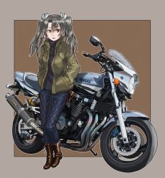 Rule 34 | 1girl, alternate costume, black sweater, boots, brown footwear, casual, commission, cross-laced footwear, dark green hair, denim, full body, green eyes, green jacket, hands in pockets, highres, jacket, jeans, kantai collection, lace-up boots, long hair, looking at viewer, motor vehicle, motorcycle, pants, pixiv commission, solo, sweater, toriny, turtleneck, turtleneck sweater, twintails, yamaha xjr1300, zuikaku (kancolle)