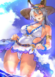 Rule 34 | 10s, 1girl, ;d, alternate costume, animal ears, blue sky, bracelet, braid, breasts, brown eyes, cameltoe, cat ears, cleavage, cleft of venus, clothes lift, cloud, cloudy sky, covered navel, day, ears through headwear, erune, from below, gluteal fold, granblue fantasy, groin, hair between eyes, hair intakes, hair tubes, hat, heles, heles (summer) (granblue fantasy), highres, jewelry, large breasts, lips, long hair, ocean, one-piece swimsuit, one eye closed, open mouth, outdoors, partially visible vulva, pokkora, sideboob, silver hair, single braid, skirt, skirt lift, sky, smile, solo, sun hat, swimsuit, teeth, thighs, very long hair, white one-piece swimsuit, yellow eyes