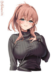 Rule 34 | 1girl, black sweater, blush, breasts, brown hair, closed mouth, cropped torso, ebifurya, hair between eyes, hand on own chest, highres, kantai collection, large breasts, long hair, long sleeves, looking at viewer, one-hour drawing challenge, ribbed sweater, saratoga (kancolle), simple background, sleeves past wrists, smile, solo, sweater, turtleneck, turtleneck sweater, twitter username, upper body, white background