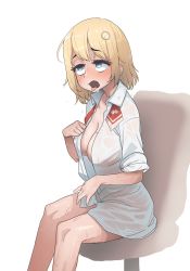 Rule 34 | 1girl, blonde hair, blue eyes, blush, breasts, cleavage, hair ornament, highres, hololive, hololive english, hot, large breasts, mole, mole on breast, necktie, no bra, no pants, open clothes, open mouth, open shirt, see-through, see-through shirt, shirt, simple background, sitting, solo, sweat, tongue, tongue out, virtual youtuber, watson amelia, wet, wet clothes, white background, zedd (zedgawr)