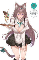 Rule 34 | 1girl, animal ear fluff, animal ears, apron, artist name, black skirt, blush, bow, breasts, brown hair, cat ears, cat girl, cat tail, cleavage, cleavage cutout, clothing cutout, collared shirt, feet out of frame, food, hair bow, highres, holding, holding tray, ice cream, juliet sleeves, large breasts, long hair, long sleeves, looking at viewer, mauve (yaman), mole, mole on breast, nose blush, open mouth, original, paid reward available, puffy sleeves, purple eyes, shirt, simple background, skirt, solo, spoon, suspender skirt, suspenders, tail, tail bow, tail ornament, tray, waist apron, white background, white shirt, yaman