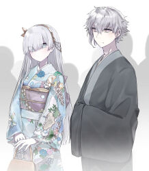 Rule 34 | 1boy, 1girl, alternate costume, anastasia (fate), bag, black kimono, blue eyes, blue kimono, brown bag, brown hairband, commentary request, ear piercing, earrings, expressionless, eyes visible through hair, fate/grand order, fate (series), floral print kimono, grey hair, hair over one eye, hairband, handbag, highres, holding, holding bag, japanese clothes, jewelry, kadoc zemlupus, kimono, long sleeves, looking at another, neck piercing, obi, piercing, purple sash, sash, simple background, smile, white background, wide sleeves, yellow eyes, yubeshi (zecxl)