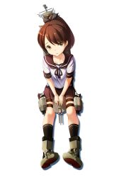 Rule 34 | 1girl, black socks, brown eyes, brown hair, brown ribbon, brown sailor collar, brown skirt, cannon, commentary request, crying, crying with eyes open, from above, full body, kantai collection, kuzumochi (kuzumochiya), looking at viewer, looking up, machinery, neck ribbon, pleated skirt, ribbon, sailor collar, school uniform, serafuku, shikinami (kancolle), shirt, shoe soles, short sleeves, simple background, skirt, socks, solo, swept bangs, tears, turret, white background, white shirt