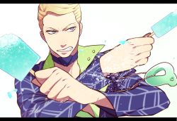 Rule 34 | 1boy, blonde hair, blue eyes, clenched teeth, dual wielding, food, formal, hanaichi (hana13), highres, holding, jewelry, jojo no kimyou na bouken, letterboxed, magatama, magatama necklace, male focus, necklace, popsicle, prosciutto, solo, suit, teeth