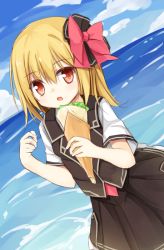Rule 34 | 1girl, blonde hair, blue sky, bow, cloud, crepe, day, food, hair bow, looking at viewer, ocean, red eyes, rumia, shirt, short sleeves, skirt, skirt set, sky, solo, touhou, vest, yuuhagi (amaretto-no-natsu)