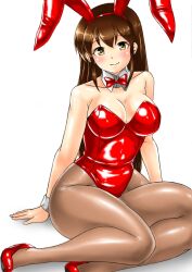 Rule 34 | 1girl, akagi (kancolle), alternate costume, animal ears, bare shoulders, bow, bowtie, breasts, brown eyes, brown hair, brown pantyhose, cleavage, collarbone, covered navel, detached collar, fake animal ears, high heels, kantai collection, kudou (ooabareteng), large breasts, leotard, looking at viewer, pantyhose, playboy bunny, rabbit ears, red footwear, red leotard, simple background, sitting, smile, strapless, strapless leotard, traditional bowtie, white background, wrist cuffs