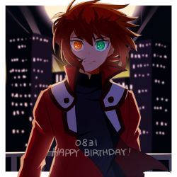 Rule 34 | 1boy, border, brown hair, building, cityscape, dated, duel academy uniform (yu-gi-oh! gx), english text, green eyes, happy birthday, heterochromia, looking at viewer, male focus, mommorua, night, red eyes, school uniform, smile, solo, spoilers, upper body, white border, yu-gi-oh!, yu-gi-oh! gx, yuki judai