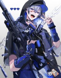 Rule 34 | 1boy, absurdres, black hair, black nails, blood, blood on clothes, blood on face, blue arm warmers, blue eyes, blue hair, bullet, grey hair, gun, hat under hood, heart, highres, holding, holding gun, holding weapon, hood, hood up, hooded jacket, jacket, jewelry, kushiro kuki, looking at viewer, male focus, multicolored hair, multiple rings, open mouth, original, pixel heart, ring, short hair, solo, teeth, two-tone hair, upper body, v, weapon, white background