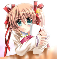 Rule 34 | 1girl, blonde hair, blush, bow, bowtie, closed mouth, cup, green eyes, hair bow, holding, kamikita komari, little busters!, long sleeves, otoki raku, pink bow, red bow, red bowtie, smile, solo, tareme, twintails, upper body