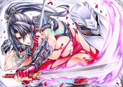 Rule 34 | 1girl, arm guards, armor, black hair, bodysuit, breasts, brown eyes, closed mouth, dual wielding, high ponytail, holding, japanese armor, large breasts, long hair, looking at viewer, marker (medium), ninja, ninjatou, red bodysuit, reverse grip, short sword, shoulder armor, skin tight, solo, soul calibur, sword, taki (soulcalibur), torn bodysuit, torn clothes, traditional media, weapon, yqgkg