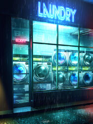 Rule 34 | absurdres, artist name, clothes dryer, door, exit sign, highres, laundromat, neon lights, night, no humans, original, outdoors, rain, scenery, smile (qd4nsvik), washing machine, window