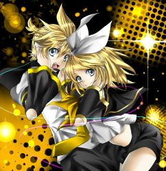 Rule 34 | 1boy, 1girl, blonde hair, blue eyes, brother and sister, colorized, hair ribbon, headphones, headset, kagamine len, kagamine rin, necktie, ribbon, ruka (ff lightning), short hair, siblings, smile, twins, vocaloid, yellow necktie